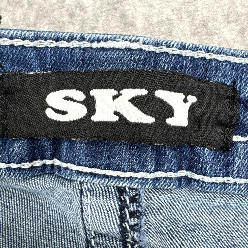 Sky Jeans Women 8 Blue Denim Stretch Angel Wings Rhinestone Whiskering Flare Leg - Picture 8 of 11